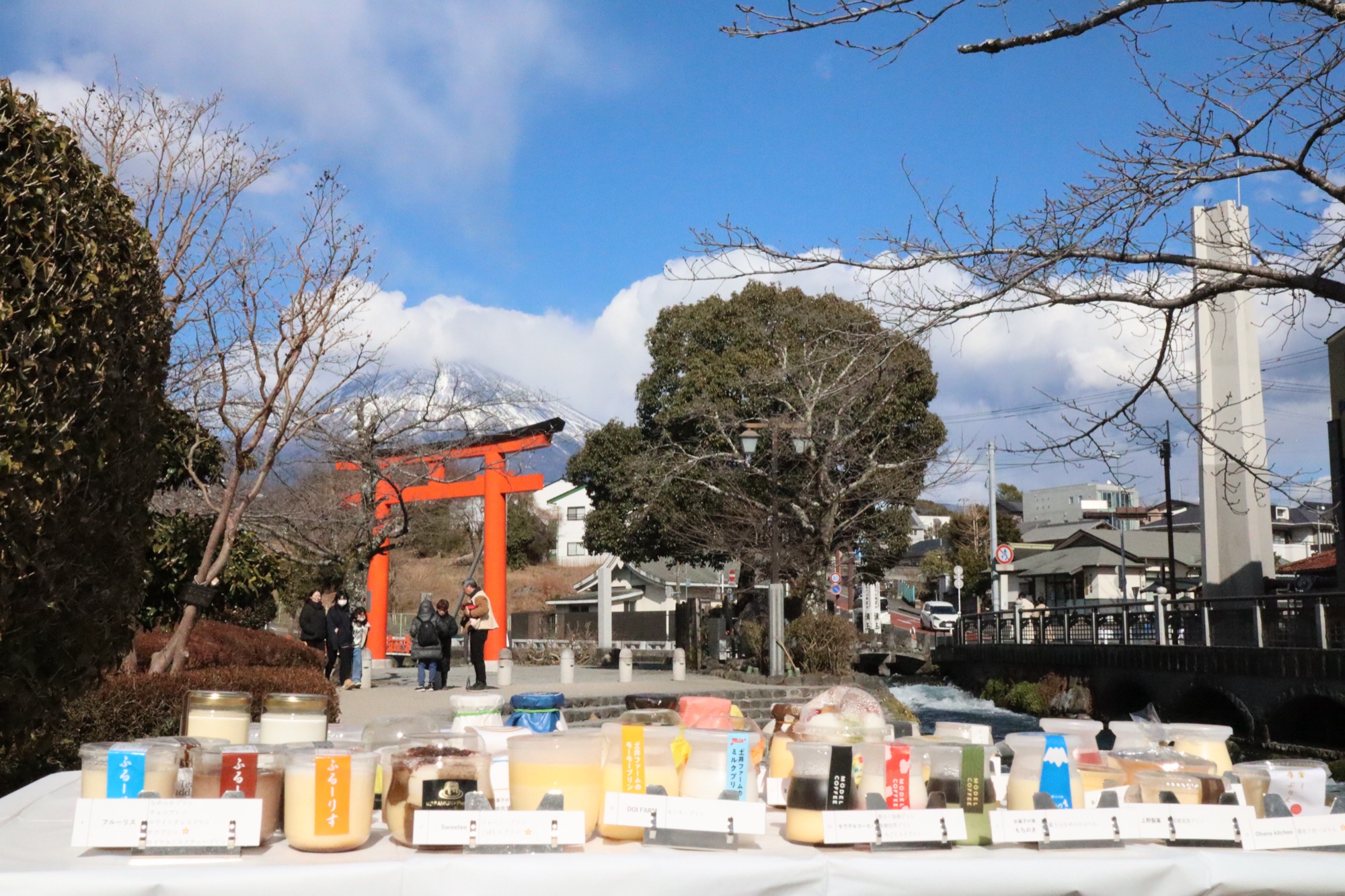 富士山と浅間大社の鳥居を背景に並ぶ富士宮のプリン